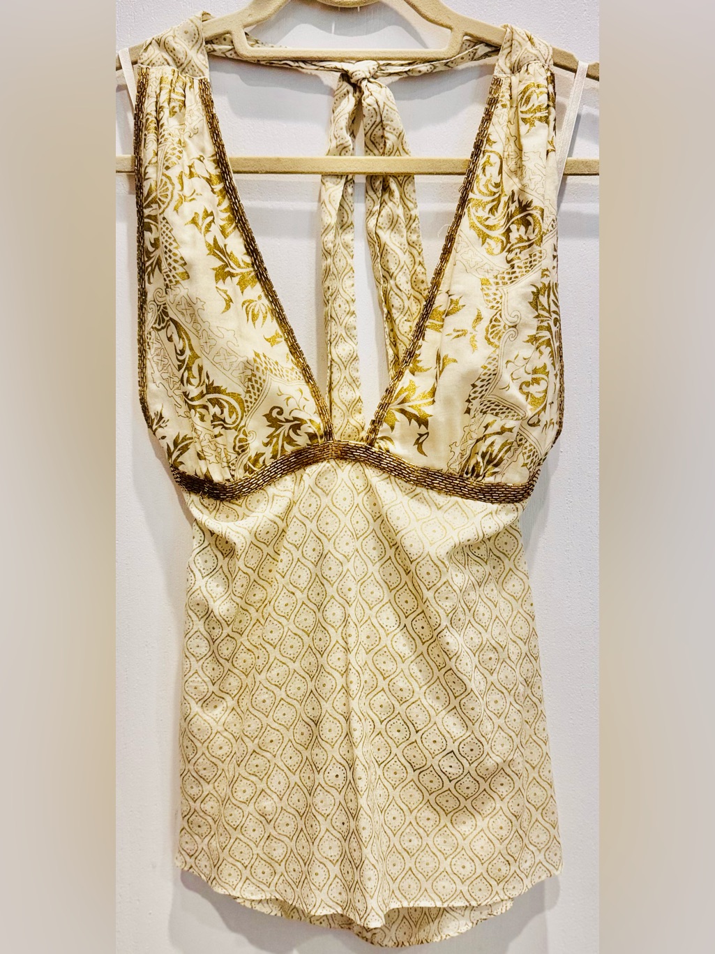 Ya-Ya Yaya Aflalo Gold Printed And Beaded Halter Top 100% Cotton Vintage Nwt Sm
